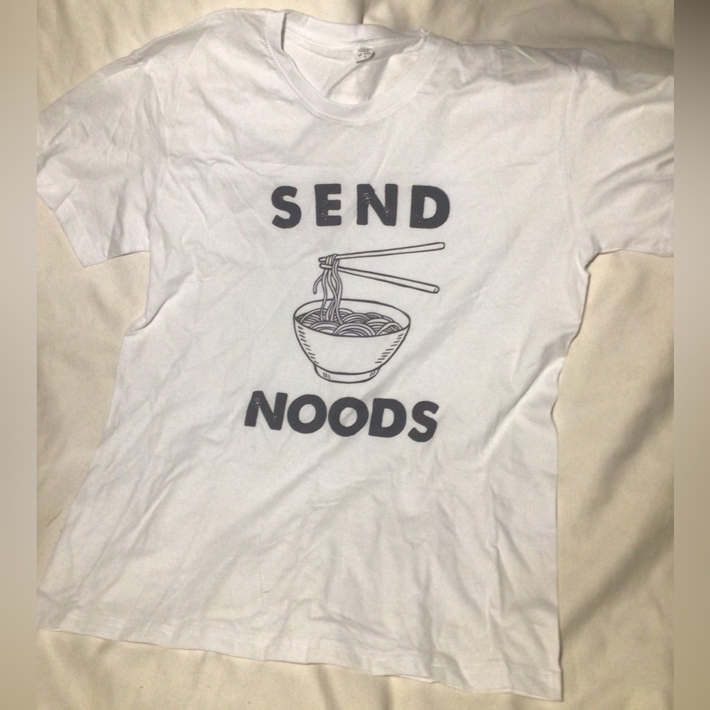 SEND NOODS T-Shirt L Large white comedy funny sarcasm humor noodles bowl NEW